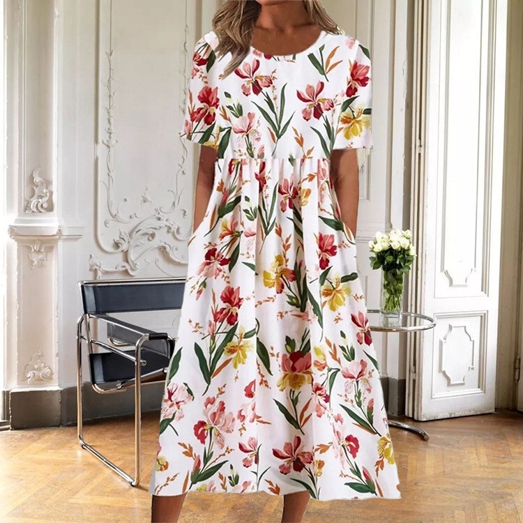 Amazon Cross-border 2022 Summer Fashion Large Swing Long Dress Crew Neck Pullover Printed Half Sleeve Loose Dress for Women Amazon Cross-border 2022 Summer Fashion Large Swing Long Dress Crew Neck Pullover Printed Half Sleeve Loose Dress for Women