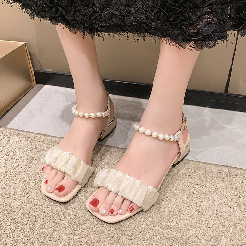 Fairy style for women in summer 2024, new pearl button up with pleated clouds, medium thick heels, square toe sandals_voghion.com
