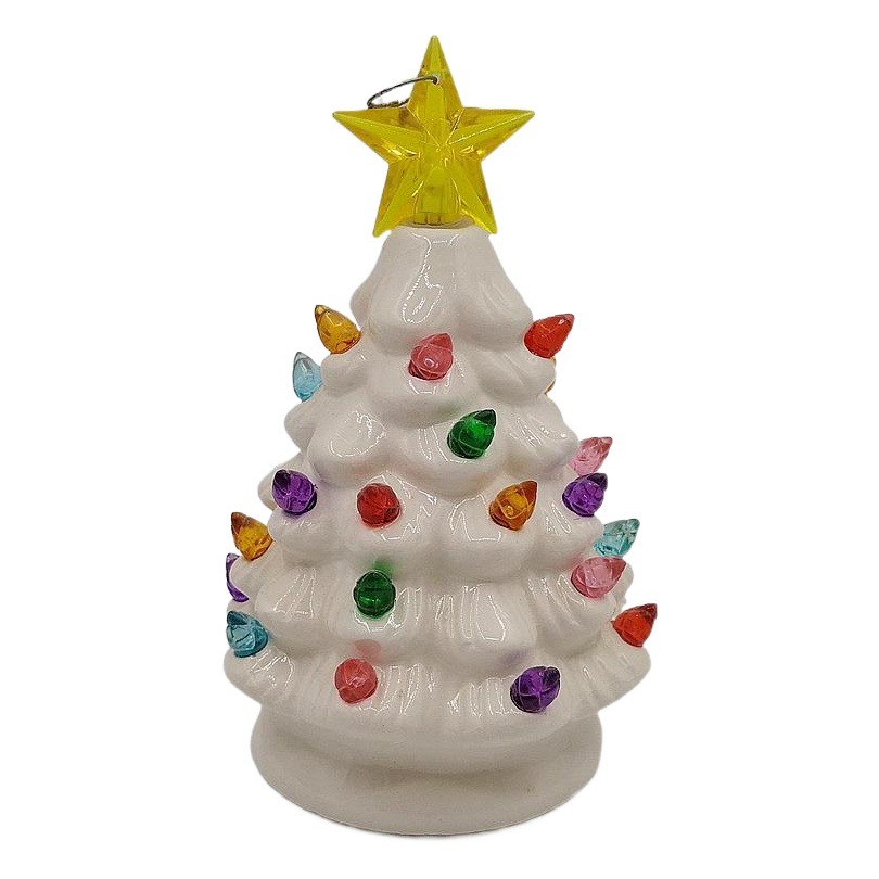 Árbol de Navidad de cerámica a pilas, pintado con arcilla blanca exportada, con luces multicolores, decoraciones navideñas, decoración festiva.