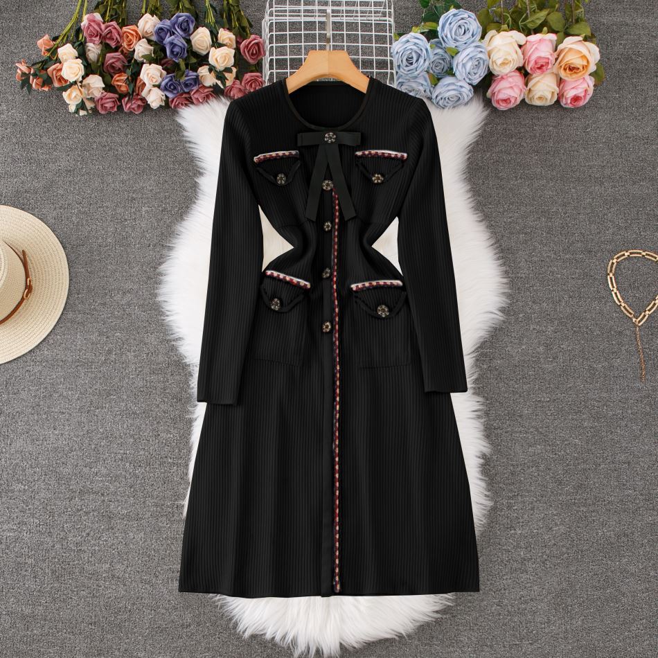 Bow-Knot Long Sleeve Knit Dress - Slim Fit Bodycon Sweater Dress For Autumn/Winter (Black/Red/Beige, S/M/L/Xl)_ecoleips.com