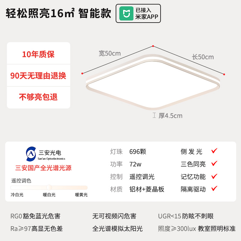 Lámpara de dormitorio moderna simple y sin hendiduras super brillante protector de ojos lateral luminoso sala de estar lámpara principal Zhongshan lámpara de techo