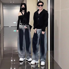 アメリカングラデーションシミタージーンズメンズ夏ハンサムハイエンドパンツハイストリートレトロカップルワイドレッグパンツ
