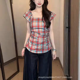 2025夏季纯棉法式方领辣妹衬衫女新款通勤开衫格子衬衣显瘦上衣女