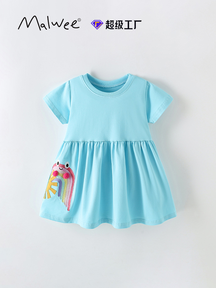 Vestido de cuello redondo para niña malwee transfronterizo, nuevo estilo de verano, falda de manga corta, vestido de princesa de estilo occidental para niños pequeños y medianos europeos y americanos