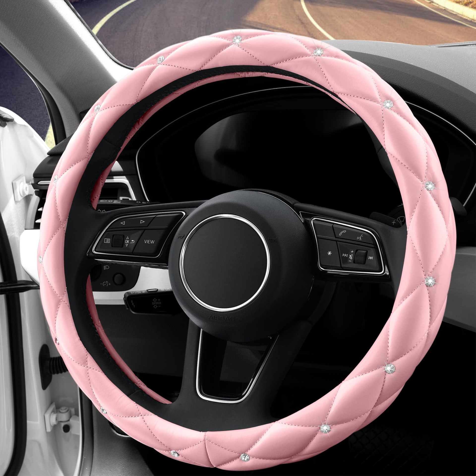 Factory Direct Sales Amazon Car Diamond-Studded Steering Wheel Cover, Universal for All Seasons, Soft Leather Anti-Slip Rhinestone Handle Cover