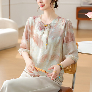 Chinese Style Mom Spring Tops, Stylish Shirts, 2025 New Three-Quarter Sleeve Chiffon Shirts, Middle-Aged and Elderly Women's Summer Suits
