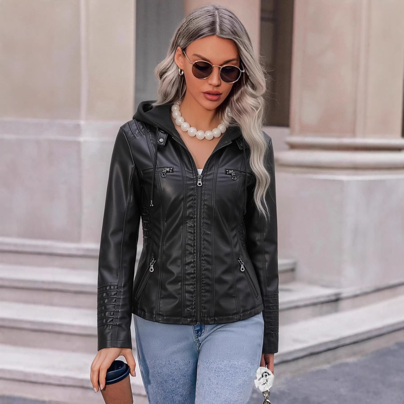 26 European and American Cross-Border Hooded Leather Jacket Two-Piece Set, Detachable Plus-Size Leather Coat for Women, Spring and Autumn Pu Washed Leather Jacket