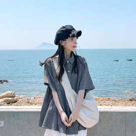 日系复古格子短袖衬衫女夏季设计感小众衬衣韩版宽松娃娃衫上衣