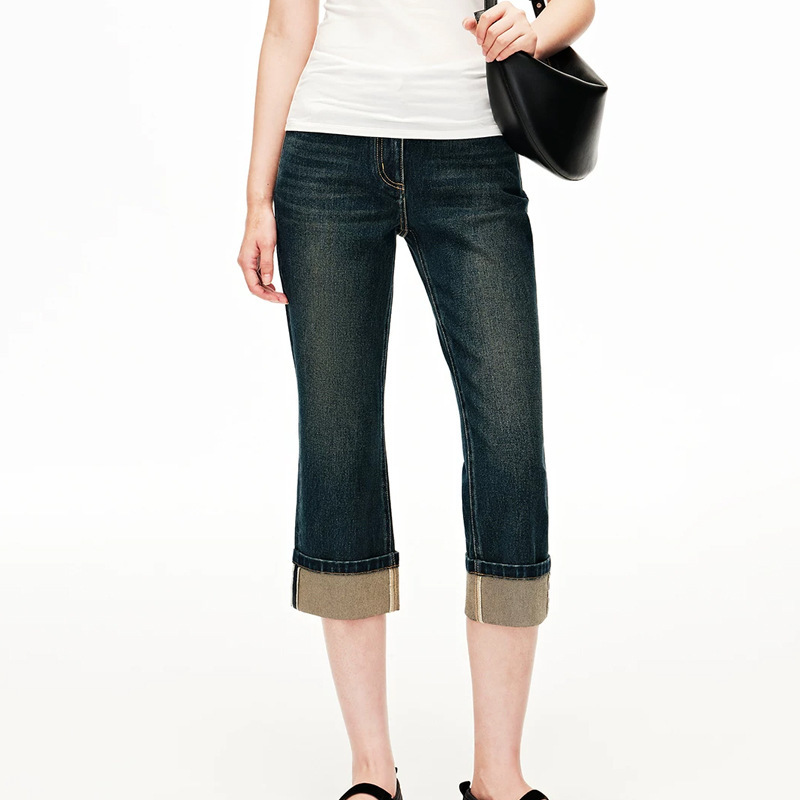 Classic faded vintage stretch slim-fit low-rise cropped capri flared jeans for petite individuals in summer Classic faded vintage stretch slim-fit low-rise cropped capri flared jeans for petite individuals in summer