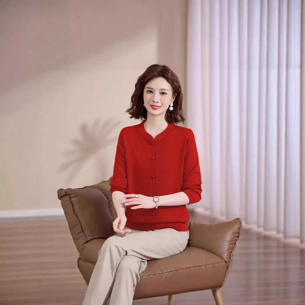 高档大码妈妈装秋季新中式国风女上衣长袖毛衣打底衫洋气女装小衫