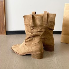 牛皮版~马丁靴女小个子内增高8cm靴子女高跟中筒短靴褶皱堆堆靴