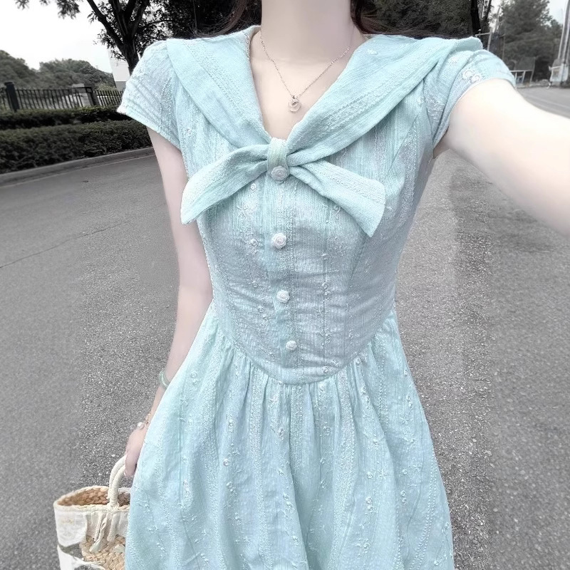 Fresh and Simple Blue Navy Collar Short Sleeve Dress for Women 2025 Summer Stunning High-End Waist-Cinching Mid-Length Dress Trend