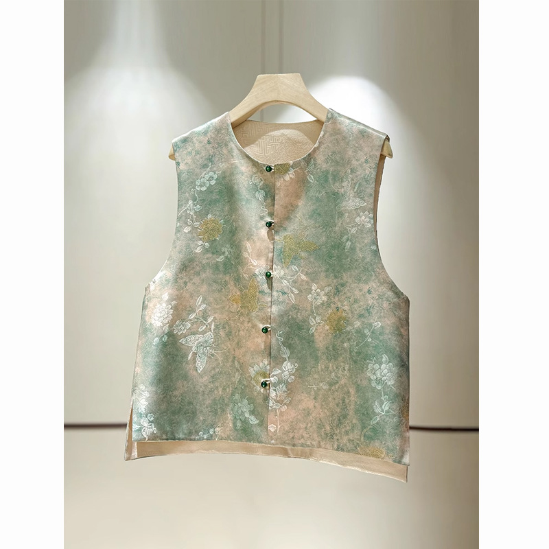 Guofeng Heavy Industries Woven Gold Silk Vest Women's 2024 Summer Double Wear Noble Elegant Mulberry Silk Round Neck Vest