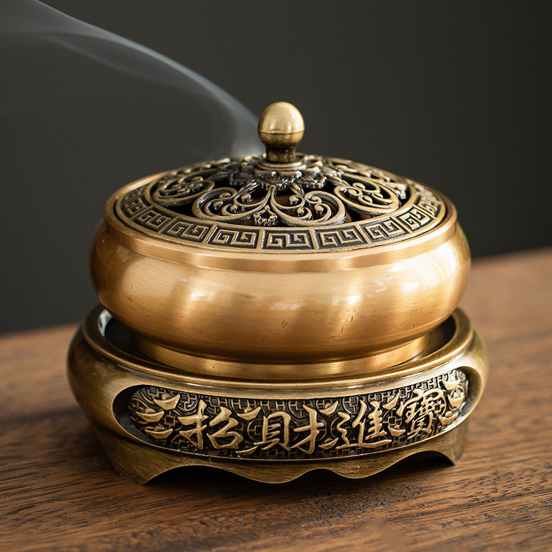 创意复古合金铜香炉三足龙凤盘香炉金莲平底炉香道摆件家用香薰炉