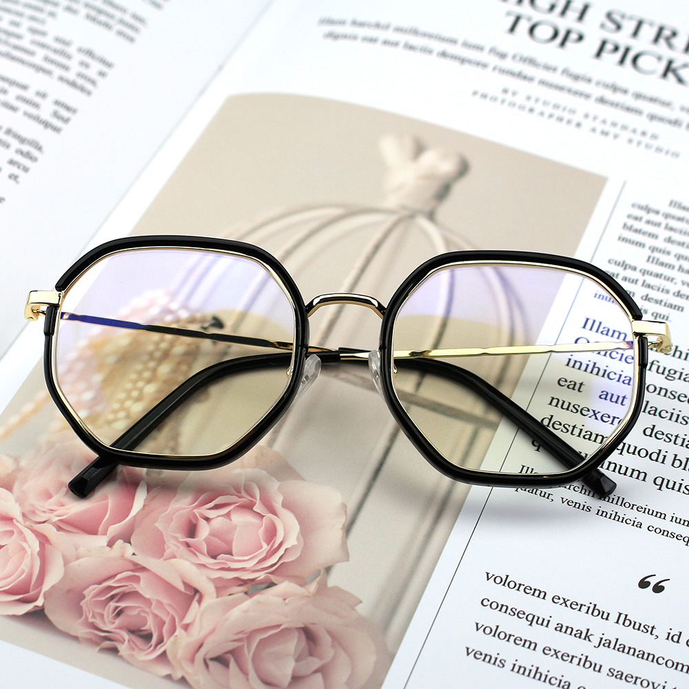 2021 new pattern fashion lady Irregular blue membrane Pingguang glasses frame Metal frame Outer ring Plain glasses