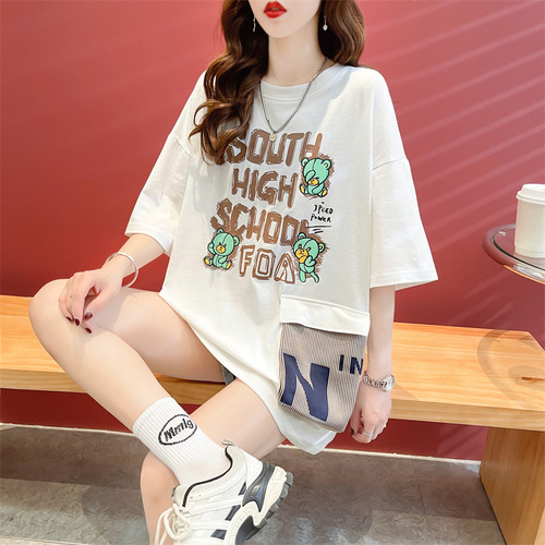 Design Sense Letter 3D Pocket Top for Women, Cartoon Bear, 2025 Summer Casual Loose Plus Size T-Shirt