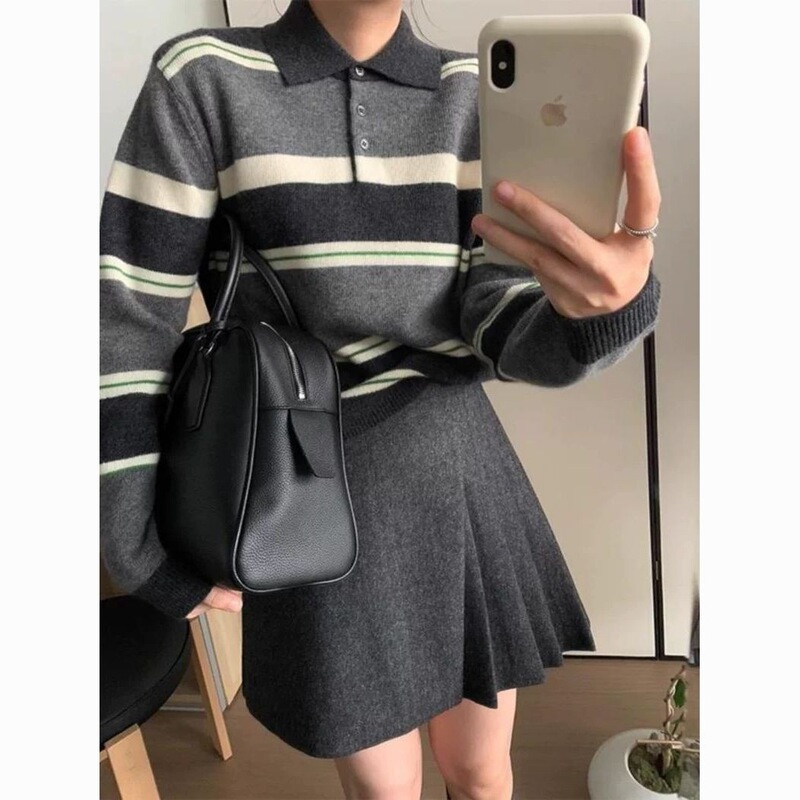 撞色条纹洋气针织衫女韩系秋季上衣新款宽松慵懒毛衣百搭减龄潮|undefined