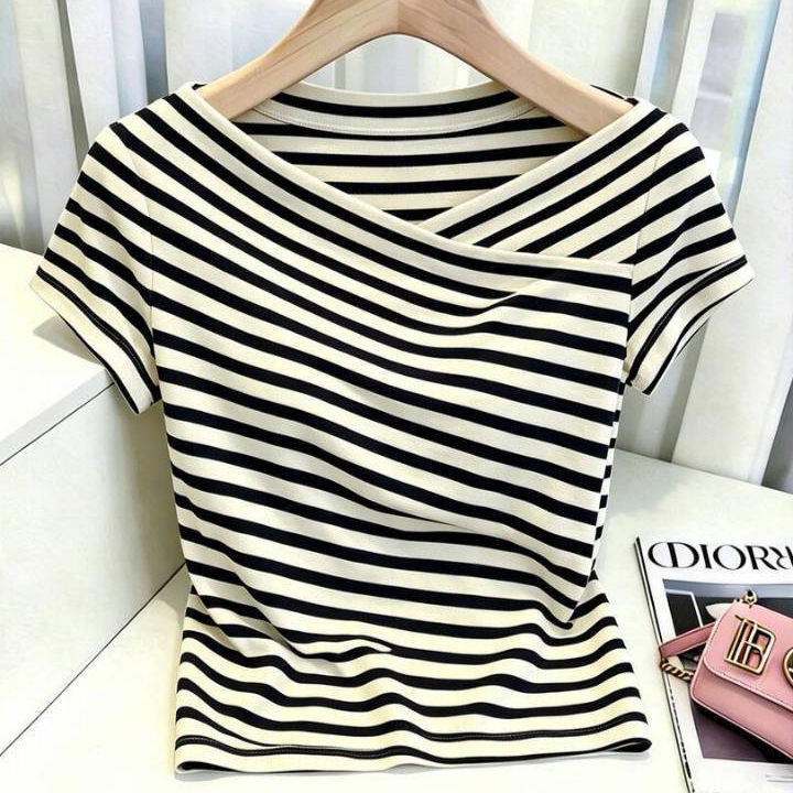 Áo thun nữ tay ngắn cổ tròn sọc kẻ ngang chất liệu cotton pha sợi mát — Sọc chi tiết 3