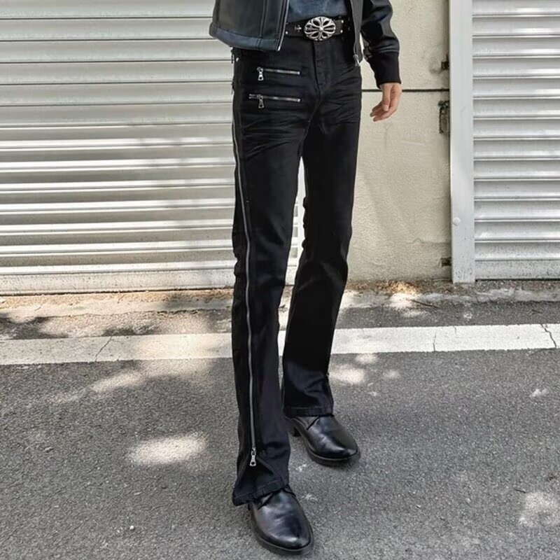 UNINWA 3D black vinyl coated, waxed, pleated, slightly stretchy, slim-fit, slightly flared, mid-rise denim pants UNINWA 3D black vinyl coated, waxed, pleated, slightly stretchy, slim-fit, slightly flared, mid-rise denim pants