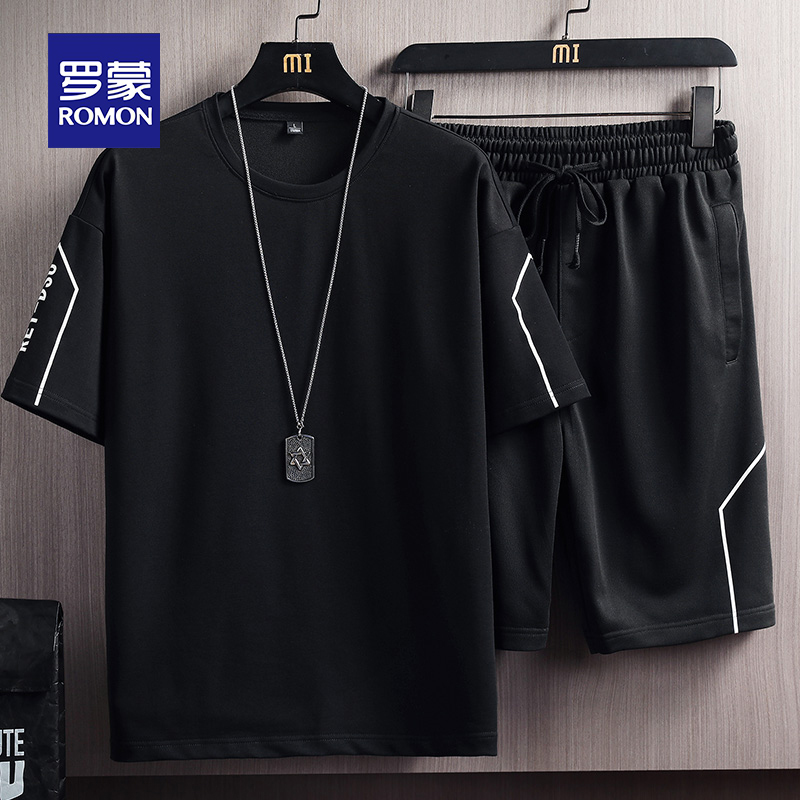 羅蒙カジュアルスーツメンズ夏薄いアイスシルク半袖Tシャツショートパンツスポーツトレンドハンサムマッチングセット|undefined