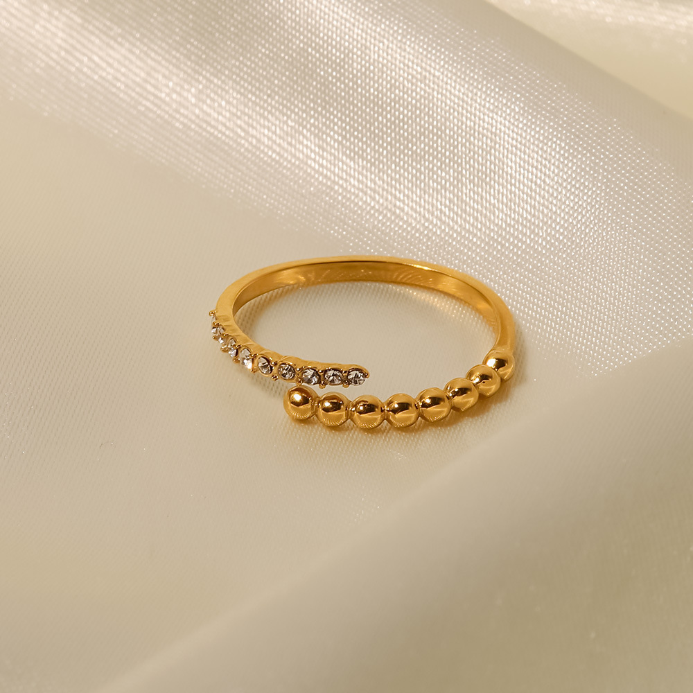 Anello aperto da donna, versatile e alla moda, in oro 18 carati con perline di diamanti bianchi, fascia delicata in acciaio inossidabile e acciaio al titanio._voghion.com