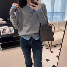 法式拼接假两件羊毛针织开衫女休闲宽松叠穿圆领毛衣打底衫上衣