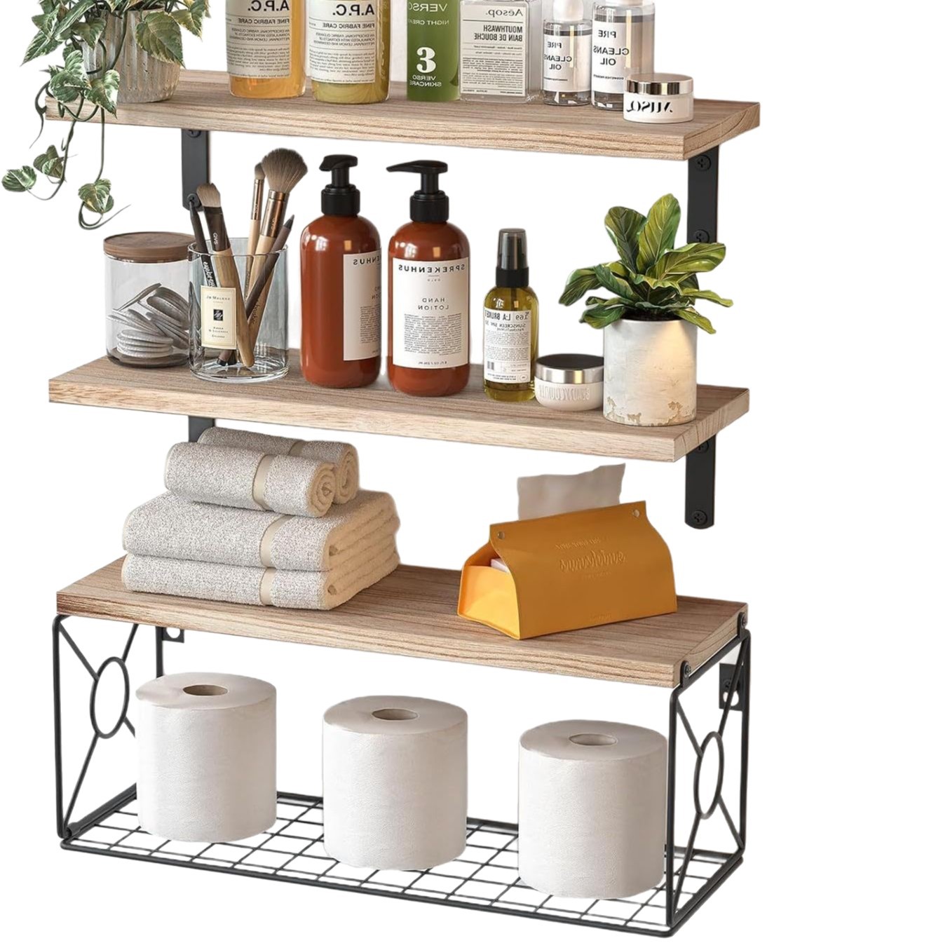 Rack flotante montado en la pared con cesto de almacenamiento Rack de baño de madera Rack de almacenamiento en forma de L Rack de metal