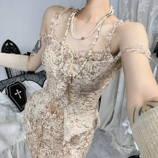 LL26482暗黑系蕾丝荷叶飘带上衣 2026新款哥特风性感辣妹蕾丝上衣
