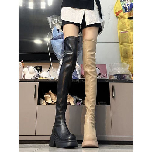Stylish White Over-the-Knee Boots with Chunky Heels, Thick Soles, and Elasticity for a Slimming Effect - Versatile Women's Boots, New Arrival for Autumn 2024
