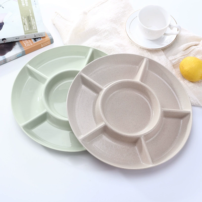Wheat Straw Divided Snack Plate, Round 5-Compartment, 21.8 cm, Solid Color
