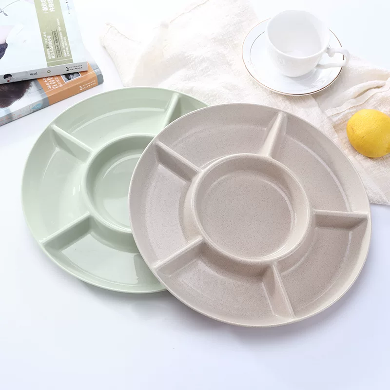 Wheat Straw Divided Snack Plate, Round 5-Compartment, 21.8 cm, Solid Color