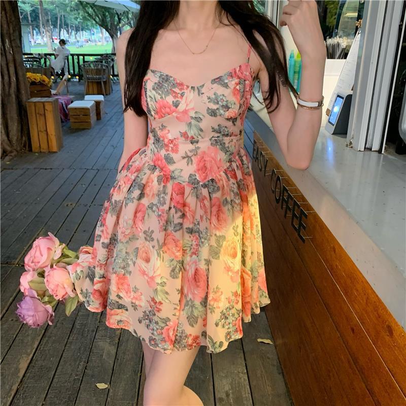 Floral Print Sundress High Waisted a Line Skirt French Inspired Petite Women Fairy like Style Perfect for Spring And Summer_ecoleips.com