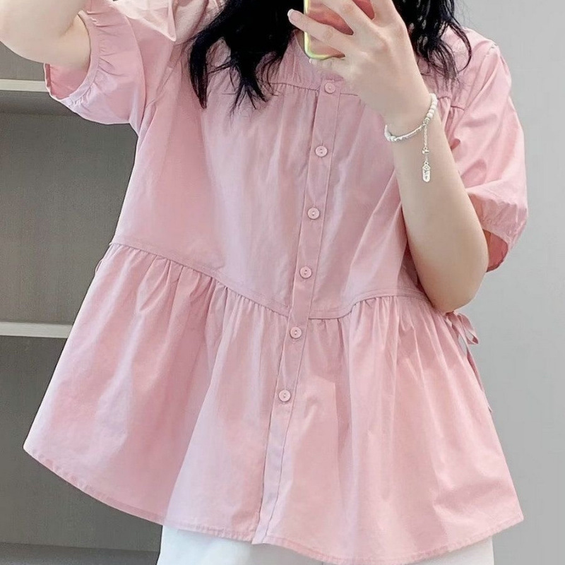 ゆったり、ファッショナブルで多用途な女性用半袖シャツ 2024 夏の新しい韓国スタイルのスリムなベビードールシャツ、新鮮で甘いシャツ|undefined