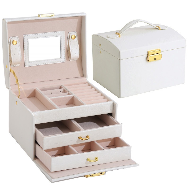 Tres capas transfronterizas pu caja de joyería de cuero doble cajón caja de joyería princesa caja de joyería al por mayor