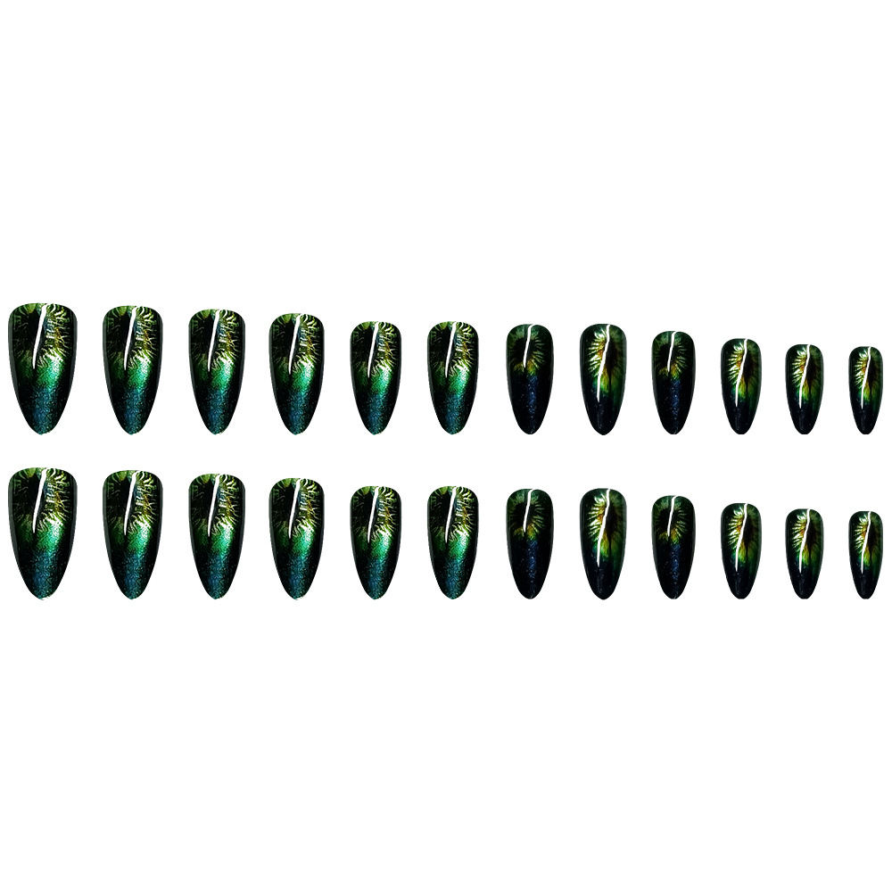 Ojos de gato transfronterizos verde oscuro gradiente desgaste de uñas europeas y americanas viento oscuro almendras uñas falsas 24 piezas de manicure al por mayor