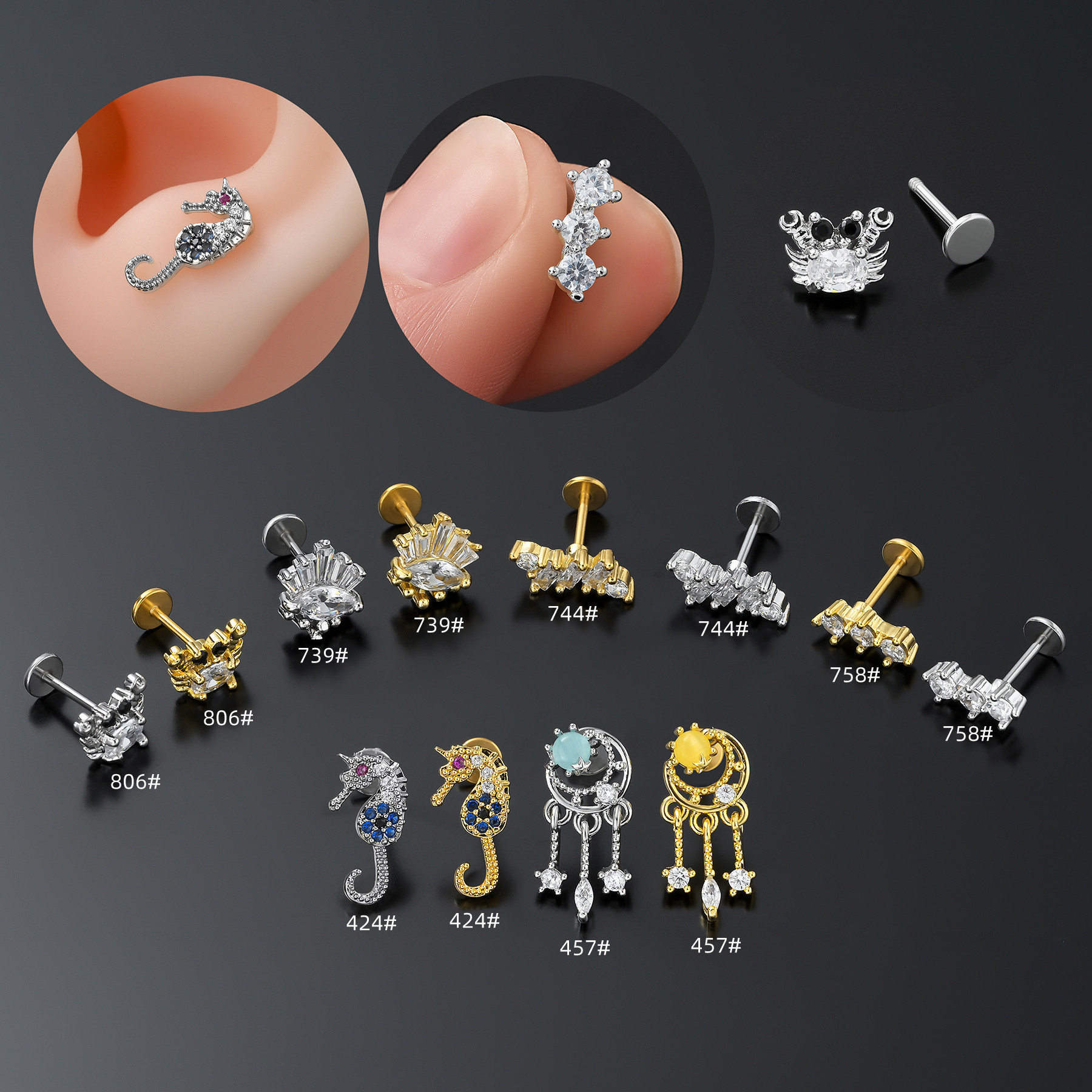 Amazon's cross-border best-selling temperament micro-encrusted zircon piercing jewelry women's flat-bottomed ear bone studs ear studs and lip studs wholesale