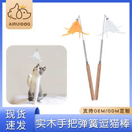 跨境热销宠物用品 逗猫棒铃铛羽毛 耐咬猫玩具弹簧实木手柄逗猫棒