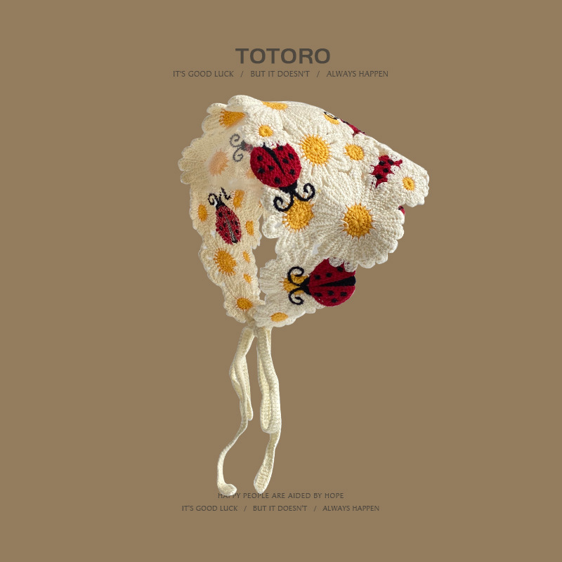 Turbante retro francés, bufanda triangular para mujer, diadema, salida de primavera y verano, dulce y lindo, estilo artístico de ganchillo hecho a mano, sombrero de Baotou