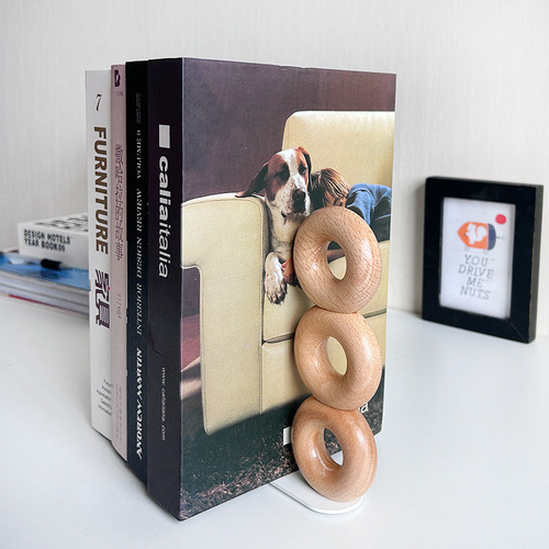Desktop wooden bookends simple donut shape beech bookends thickened bookshelf solid wood storage book folder