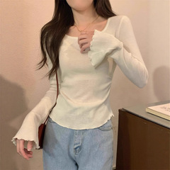 小个子木耳边喇叭袖长袖t恤上衣女秋季新款甜美风方领修身打底衫