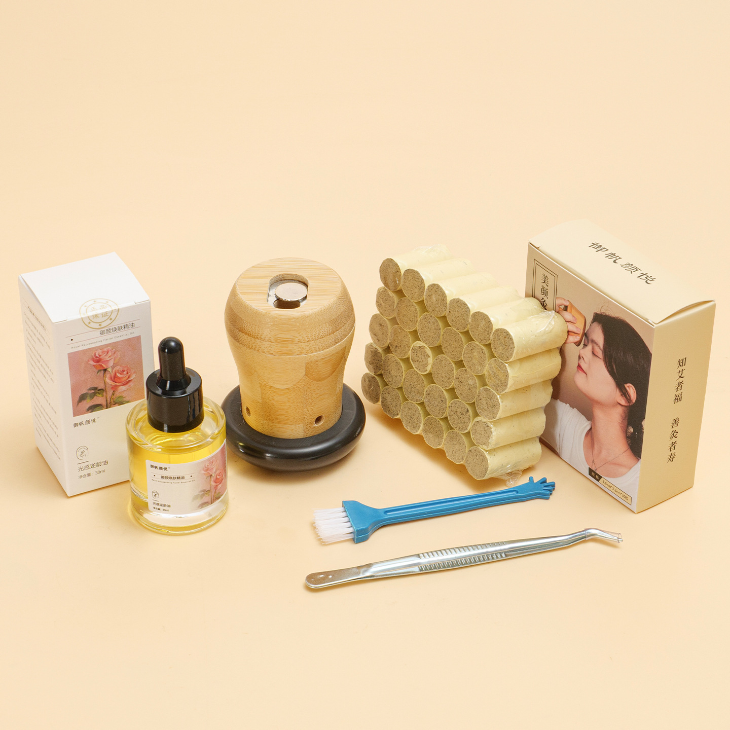 Facial Moxa Mushroom Set Bian Stone Warm Moxibustion Jar with 54 Safflower Moxa Cones Rose Oil Brush Tweezers overview