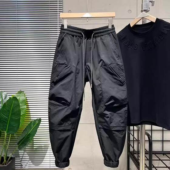 Spring and Summer Quick-drying Cropped Harlan Pants Large Pocket Loose Leg Overalls Men's Fashion Brand Handsome All-match Casual Pants