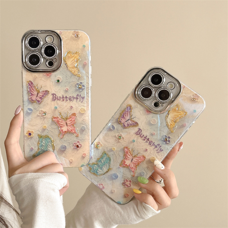 Funda para Teléfono iPhone 15, 17 Pro Max, 13, Apple 14P, 16, Estilo Ins, Pintura al Óleo, Mariposa con Diamantes, para Mujer