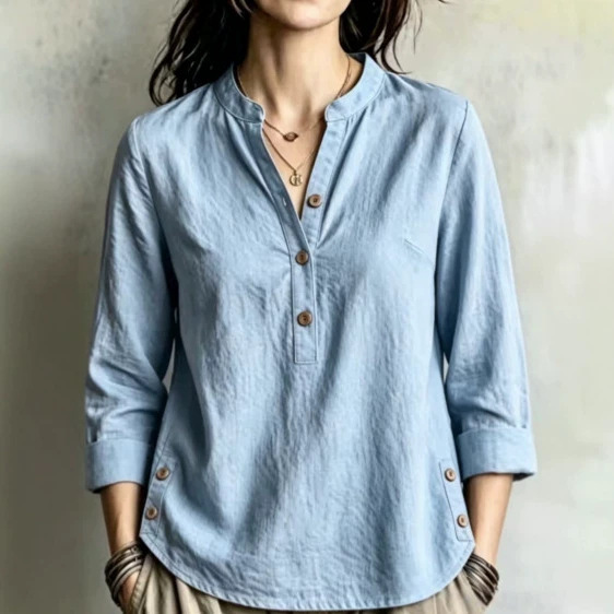 2026 Summer Loose Women's T-Shirt with Stand Collar, Side Buttons, Half-Open Design, Linen Three-Quarter Sleeves, European and American Style Shirt