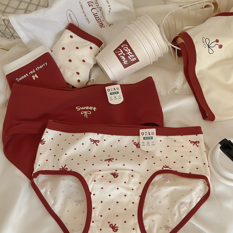 Girls' Happy Events~7A Pure Cotton Extended Antibacterial Crotch Underwear Women's Red Wedding Pure Cotton Mid-Waist New Briefs