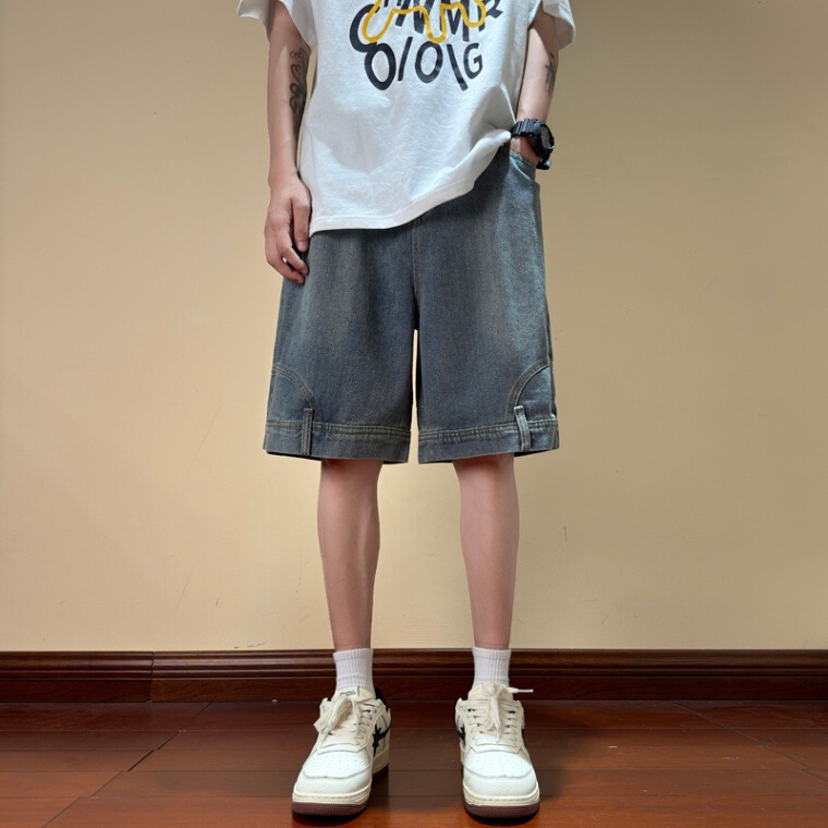 Puppies Handsome Design Sense Denim Mid-length Pants All-match Casual Trendy Personalized Boys Youth Popular Washed Denim Pants