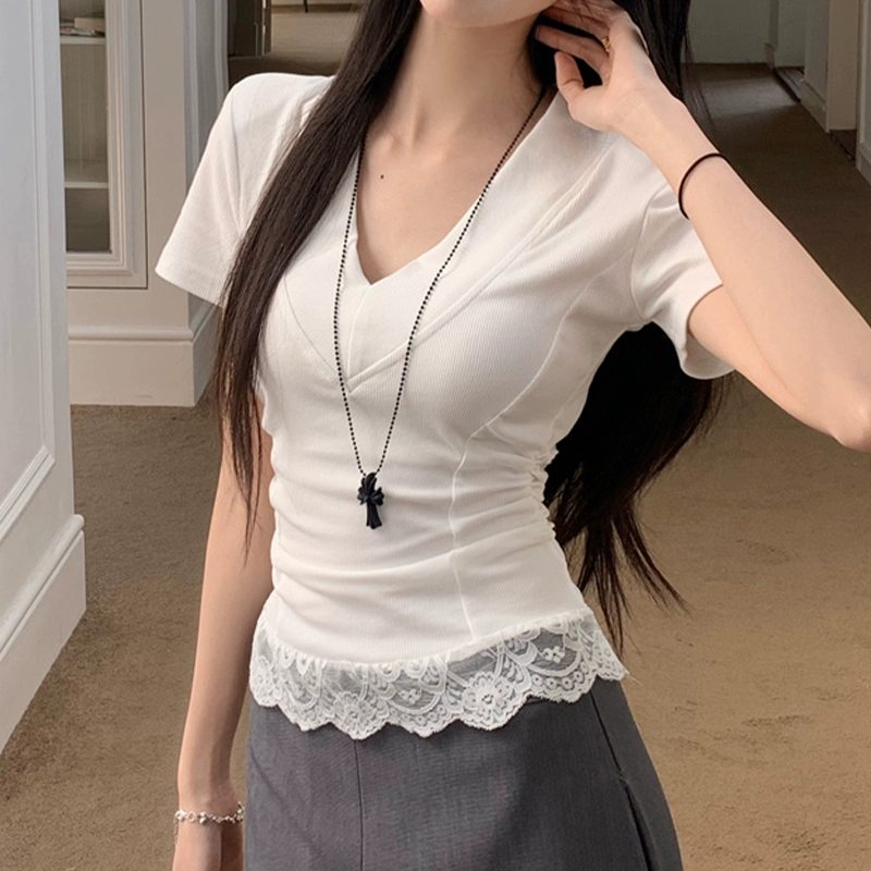 Горячая девушка, сексуальная кружевная плиссированная футболка с v-образным вырезом и короткими рукавами, женская летняя футболка с чистым желанием, тонкий короткий топ с половиной рукавов
