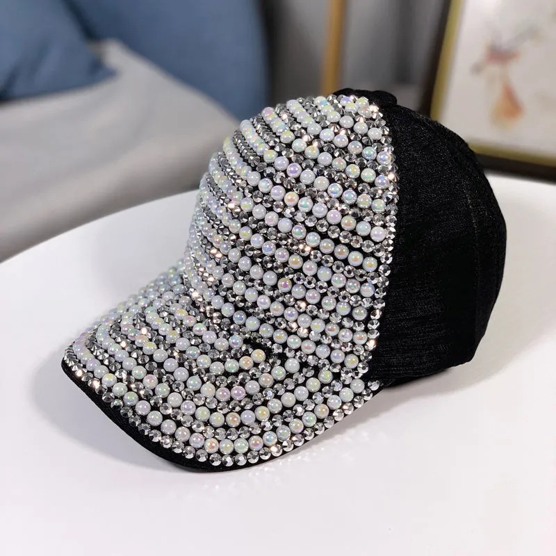 Gorra de béisbol con diamantes de imitación para mujer, estilo coreano de primavera y otoño, moda urbana, versátil, sombrero para el sol, perla de lujo ligero