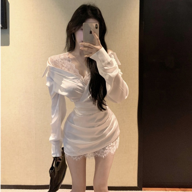 Korean Style Atmosphere Outfit, Fishing Style Date Skirt, Sexy Sexy Off-Shoulder Lace Satin Hip-Covering Shirt Dress Autumn Korean Style Atmosphere Outfit, Fishing Style Date Skirt, Sexy Sexy Off-Shoulder Lace Satin Hip-Covering Shirt Dress Autumn