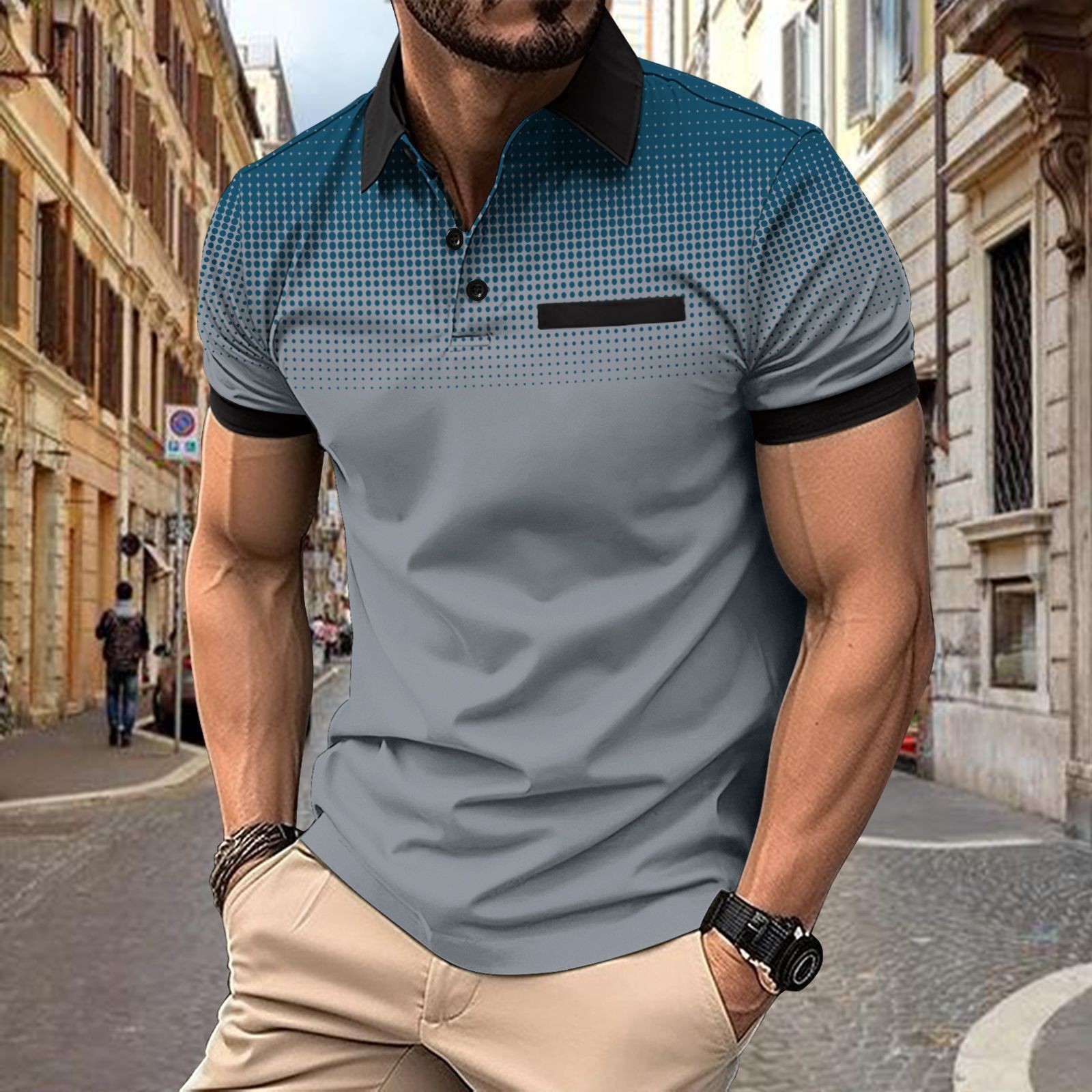 Polo de hombre con estampado 3D para comercio transfronterizo 2025, camiseta polo sin mangas informal con patrón para hombre, estilo D de seda helada.